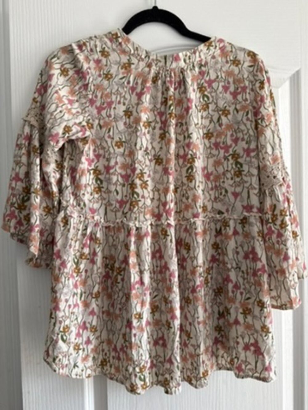 Flint & Moss Floral Boho Peasant Blouse Size S Crochet Lace Bell Sleeve Rayon - Picture 7 of 7